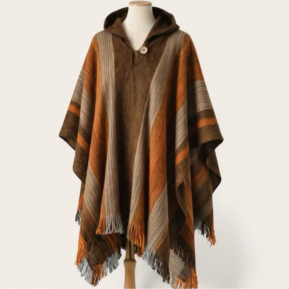 Alpaca Blend Hooded Poncho Ecuador Brown Stripe Fringe Boho Ruana OS - Picture 2 of 7